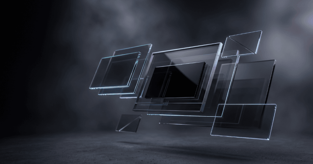 Abstract 3D tech background featuring floating, dark smoked-glass geometric panels with neon cyan and violet illuminated edges hovering over a matte charcoal surface in a dark, atmospheric studio setting.