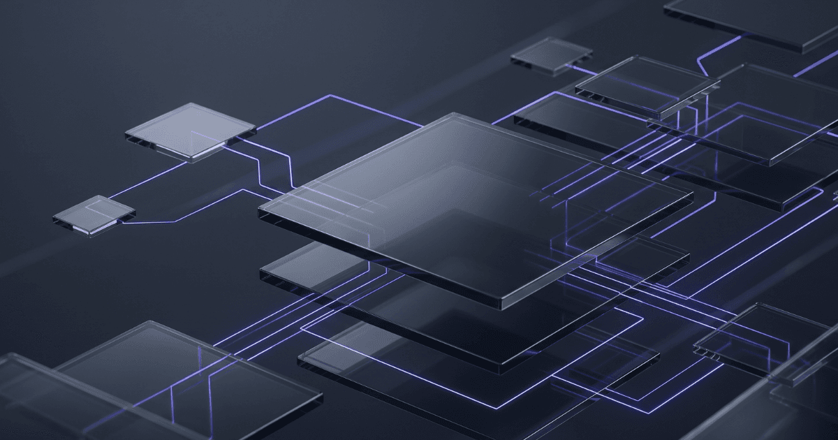 Abstract 3D network architecture featuring layered, floating dark glass panels connected by glowing neon indigo and violet wireframe lines against a deep slate grey background.